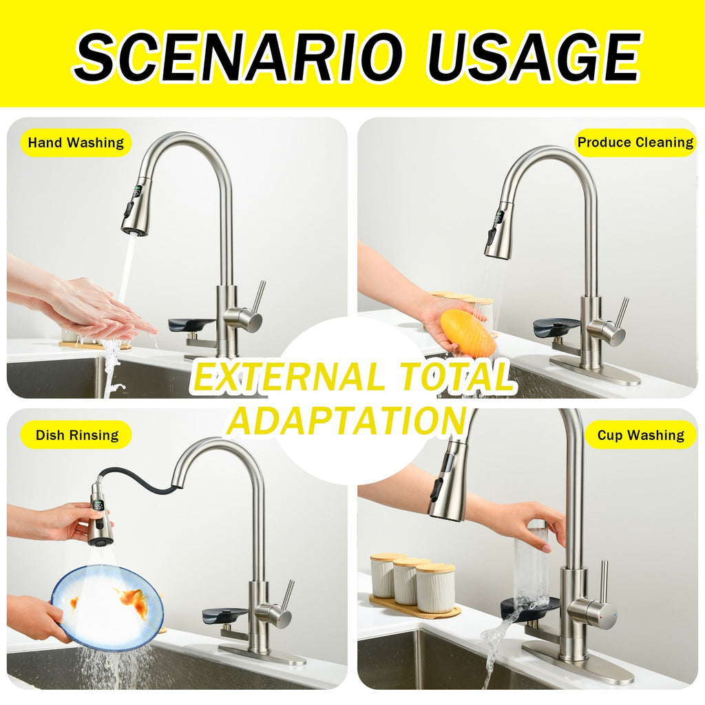 3-in-1 Kitchen Faucet with LED Temperature Display, Press-Type Glass Rinser, Pull-Down Sprayer, 3 Spray Modes, Brushed Nickel Finish, Stainless Steel Construction