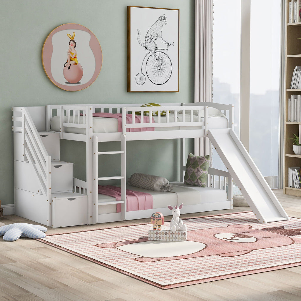 Twin Over Twin Stairway Bunk Bed With Two Drawers And Slide