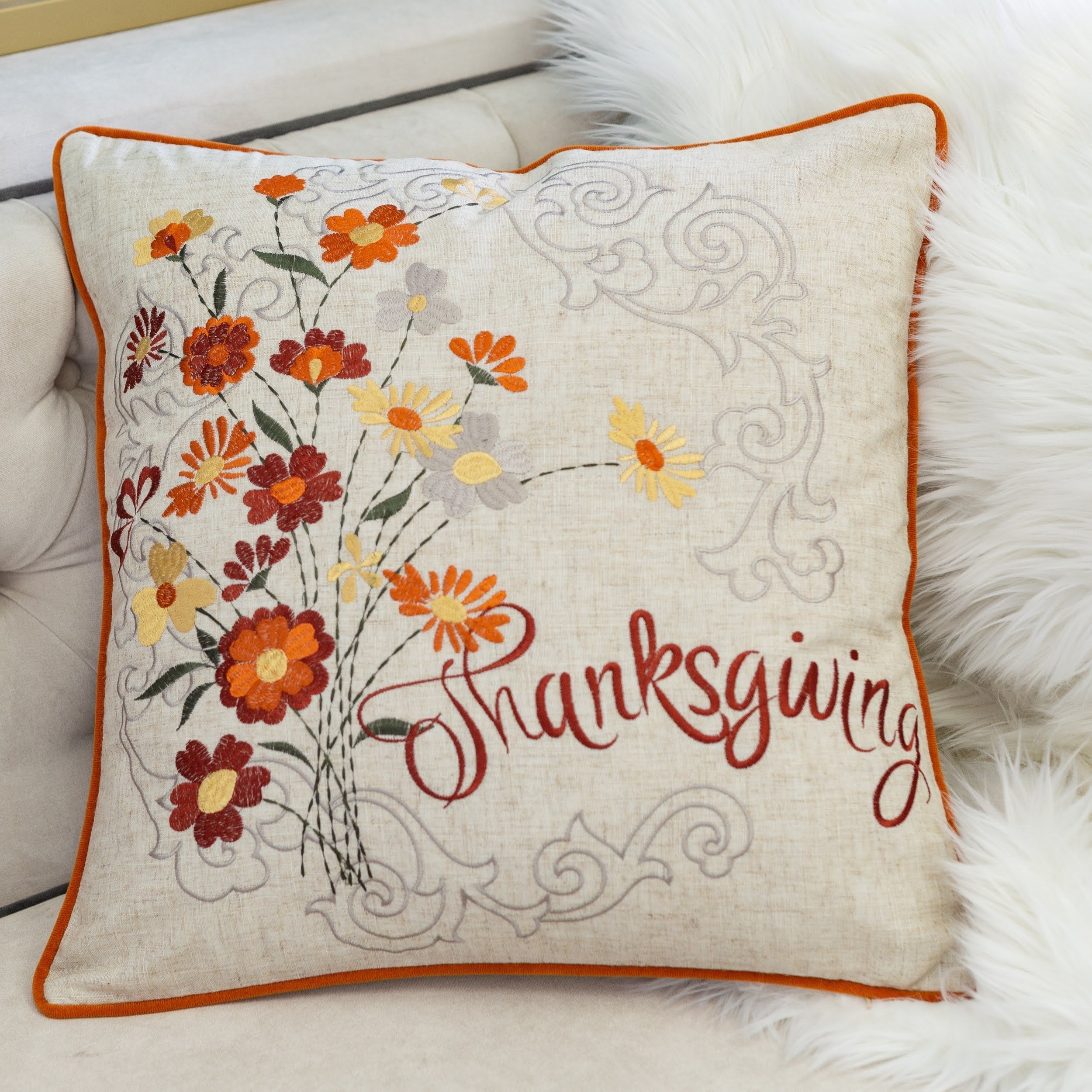 Thanksgiving Embroidered Floral Throw Pillow