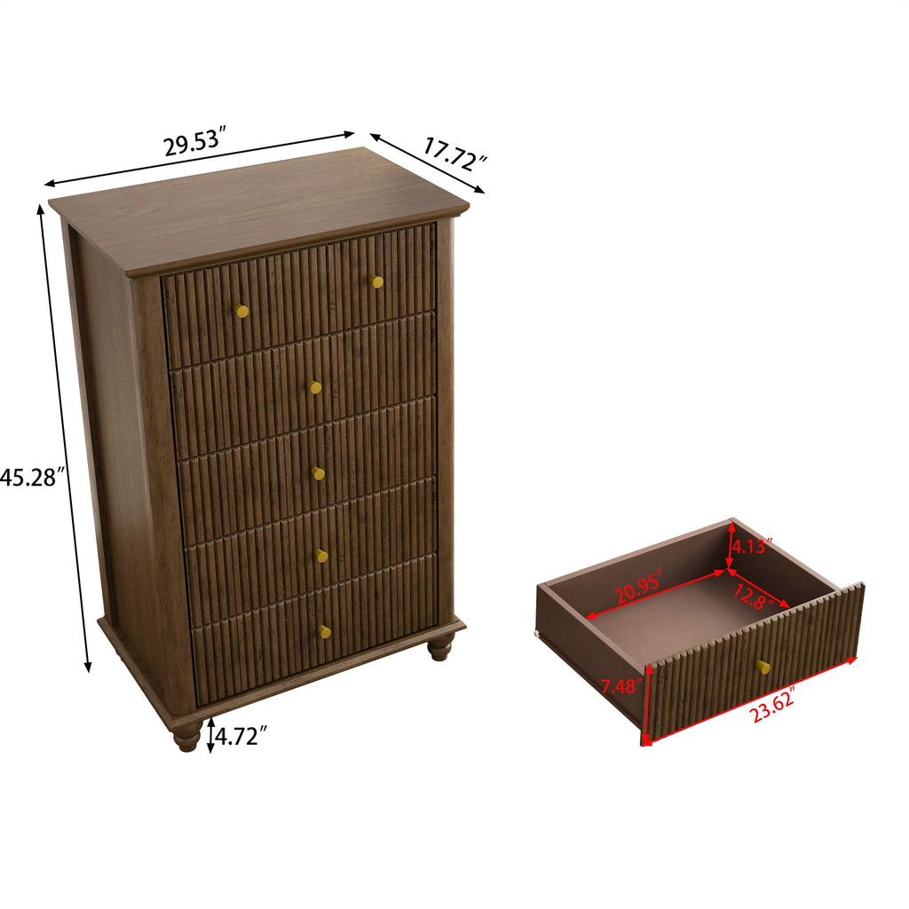 Fluted 5 Drawer Dresser, 45 Inch Tall Modern Chest of Drawers