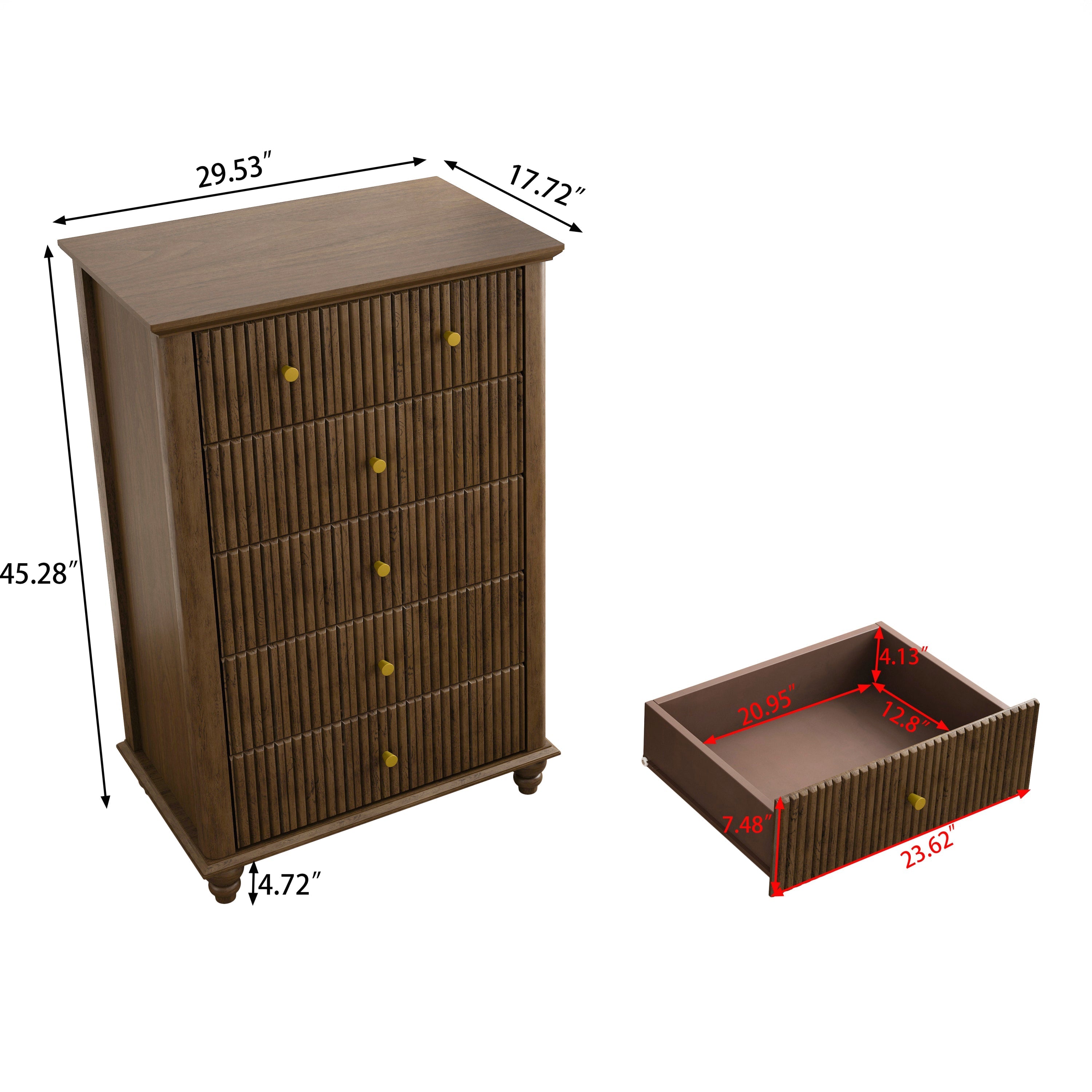 Fluted 5 Drawer Dresser, 45 Inch Tall Modern Chest of Drawers