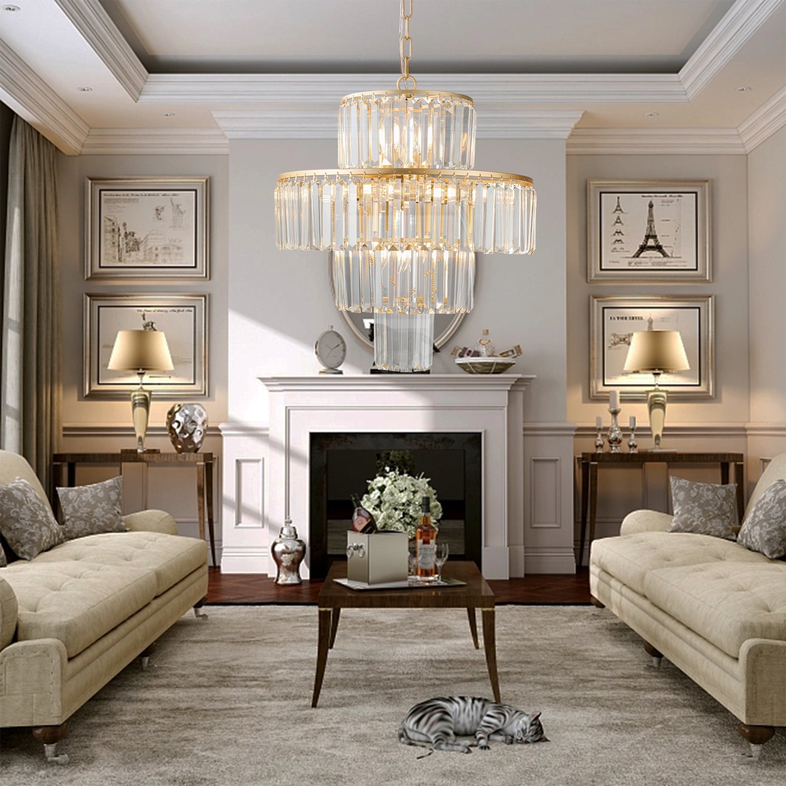(Same as W1340126461/L5023) 20' Luxury 4-Tier Crystal Chandelier, 12-Light Gold Frame Pendant Light, Elegant Ceiling Lighting for Living Room, Dining Room, Bedroom (No Bulbs)