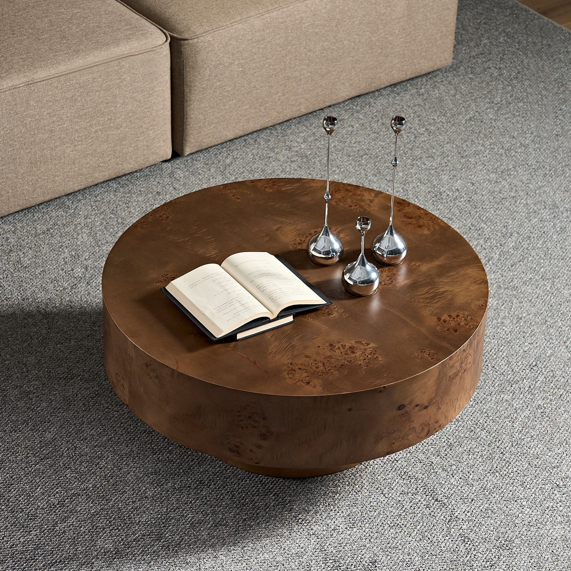 31.49" Burl Wood Veneer Round Coffee Table