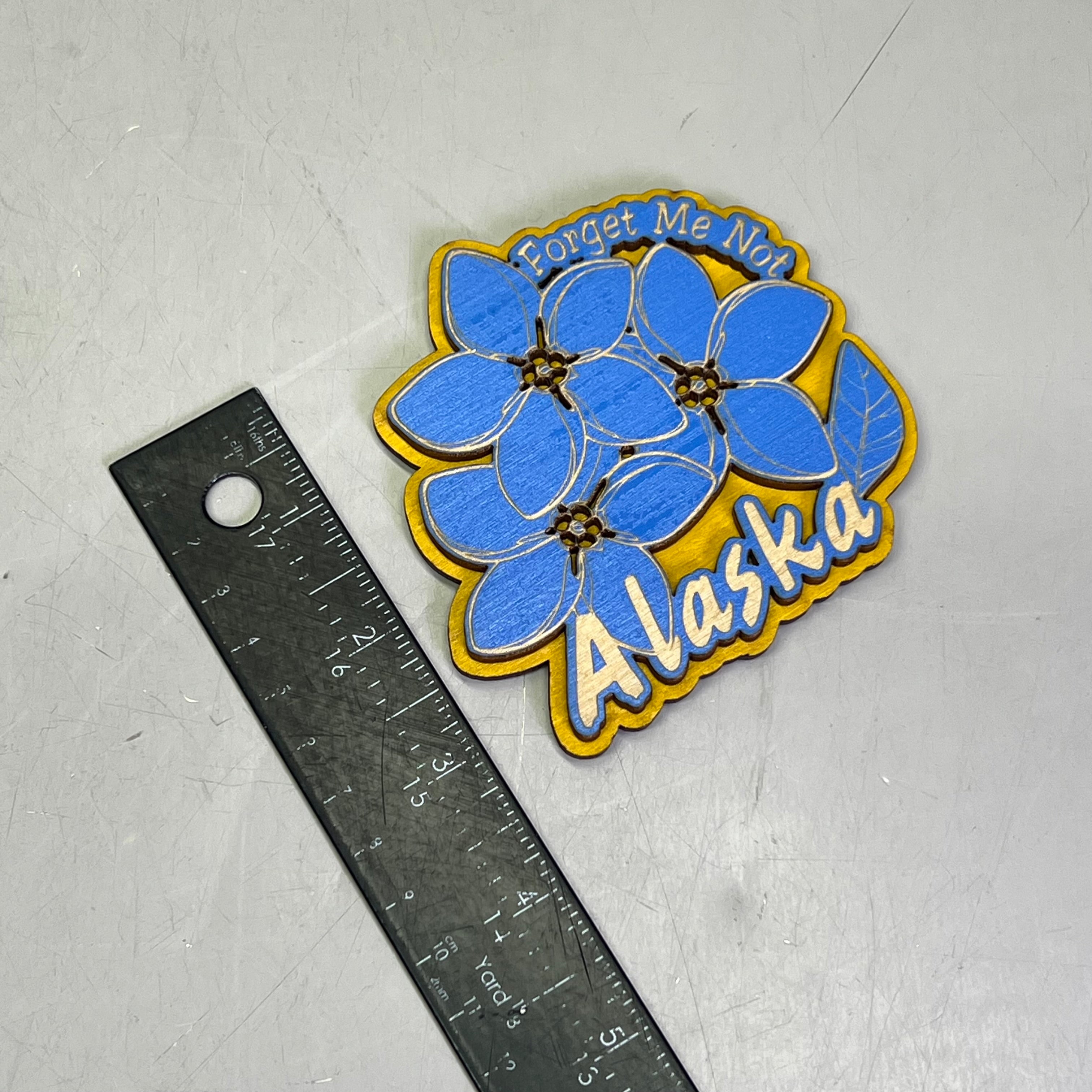 (2 PACK) Forget Me Not Flowers Laser Cut Wood Magnet Souvenir JUNEAU, AK
