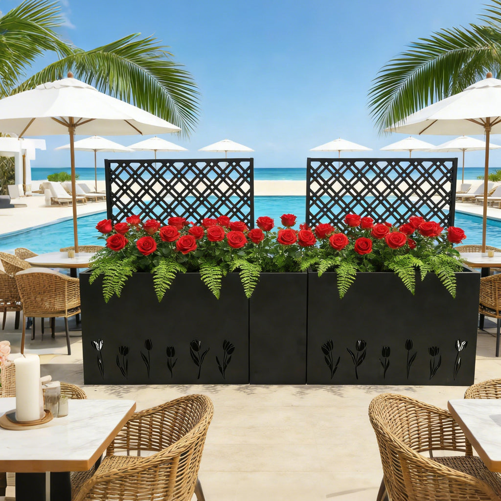 2-Piece Metal Planter Box with Trellis - Tulip Black