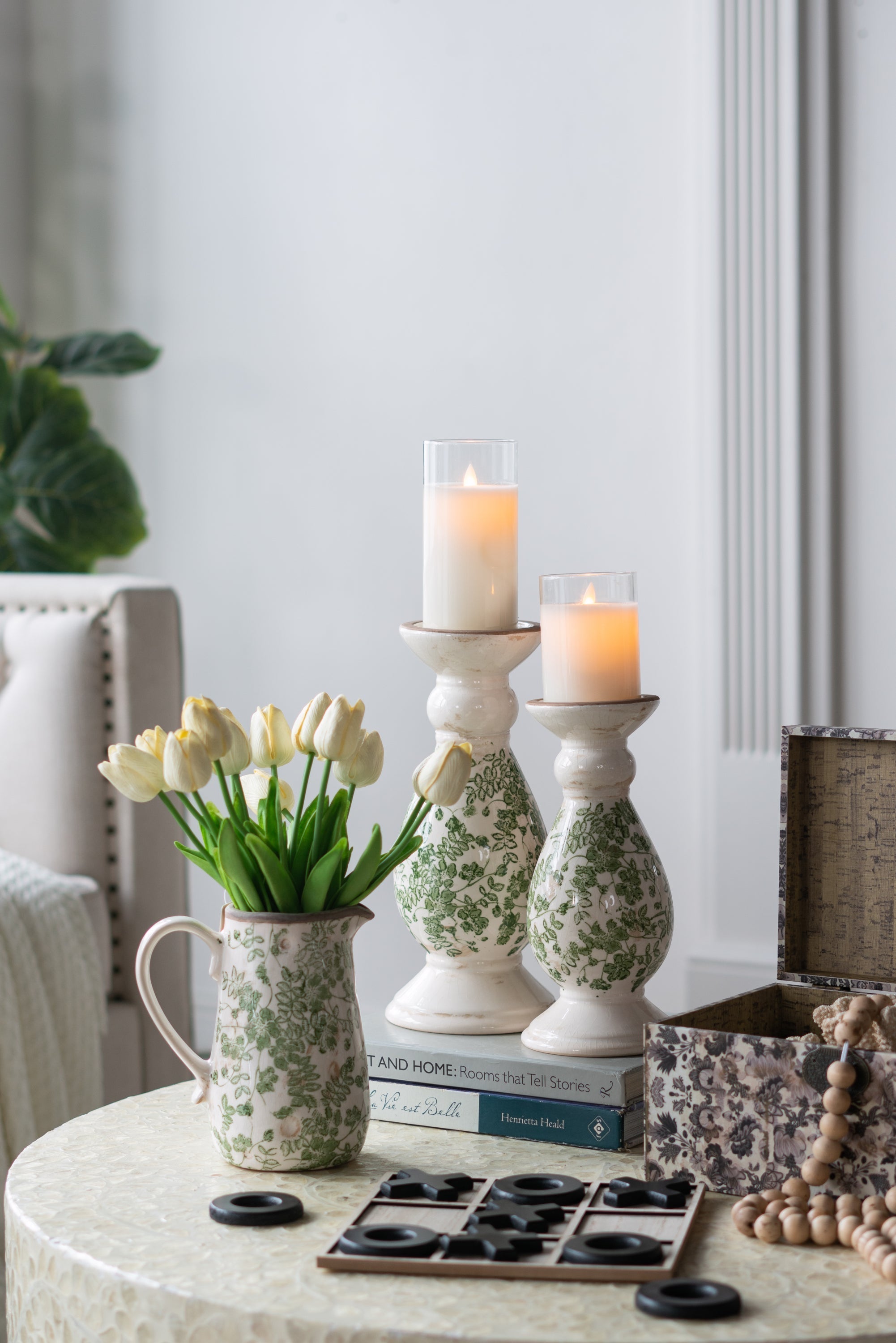 D4.7x10' White Ceramic Candle Holder with Green Floral Patterns, Small