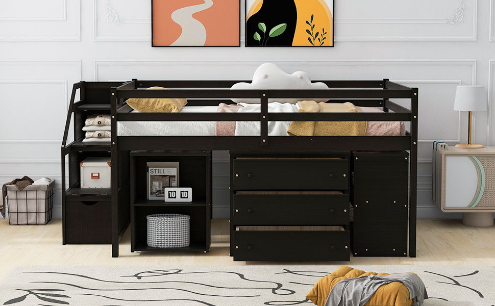 Loft Bed With Retractable Writing Desk And 3 Drawers With Storage Stairs And Shelves
