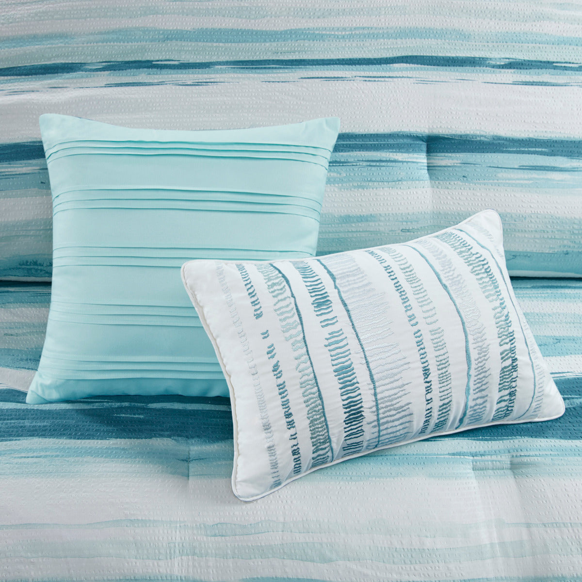 8 Piece Printed Seersucker Comforter and Quilt Set Collection Aqua Full/Queen
