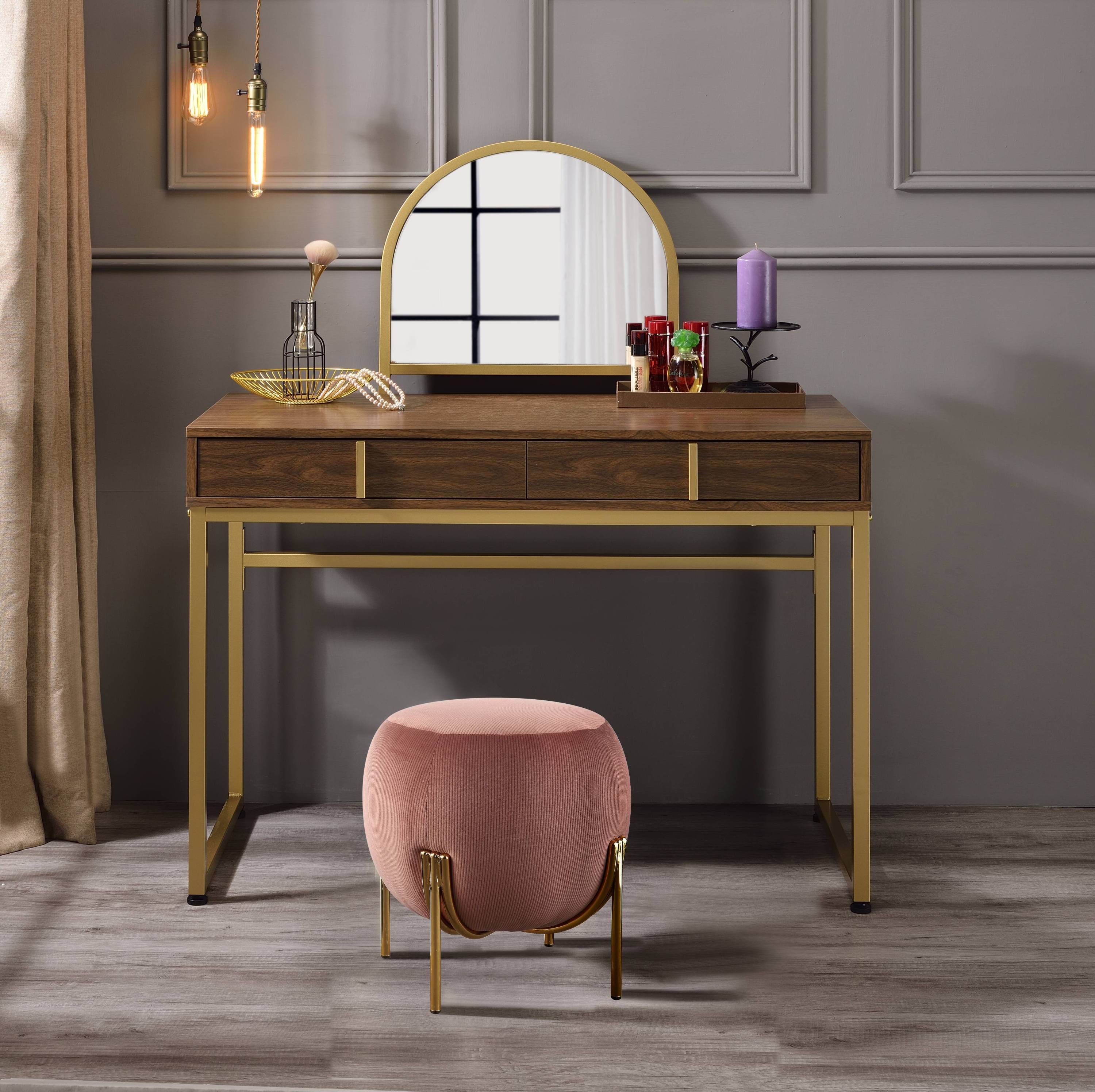 Coleen Walnut & Gold Finish Vanity Desk with Mirror & Jewelry Tray