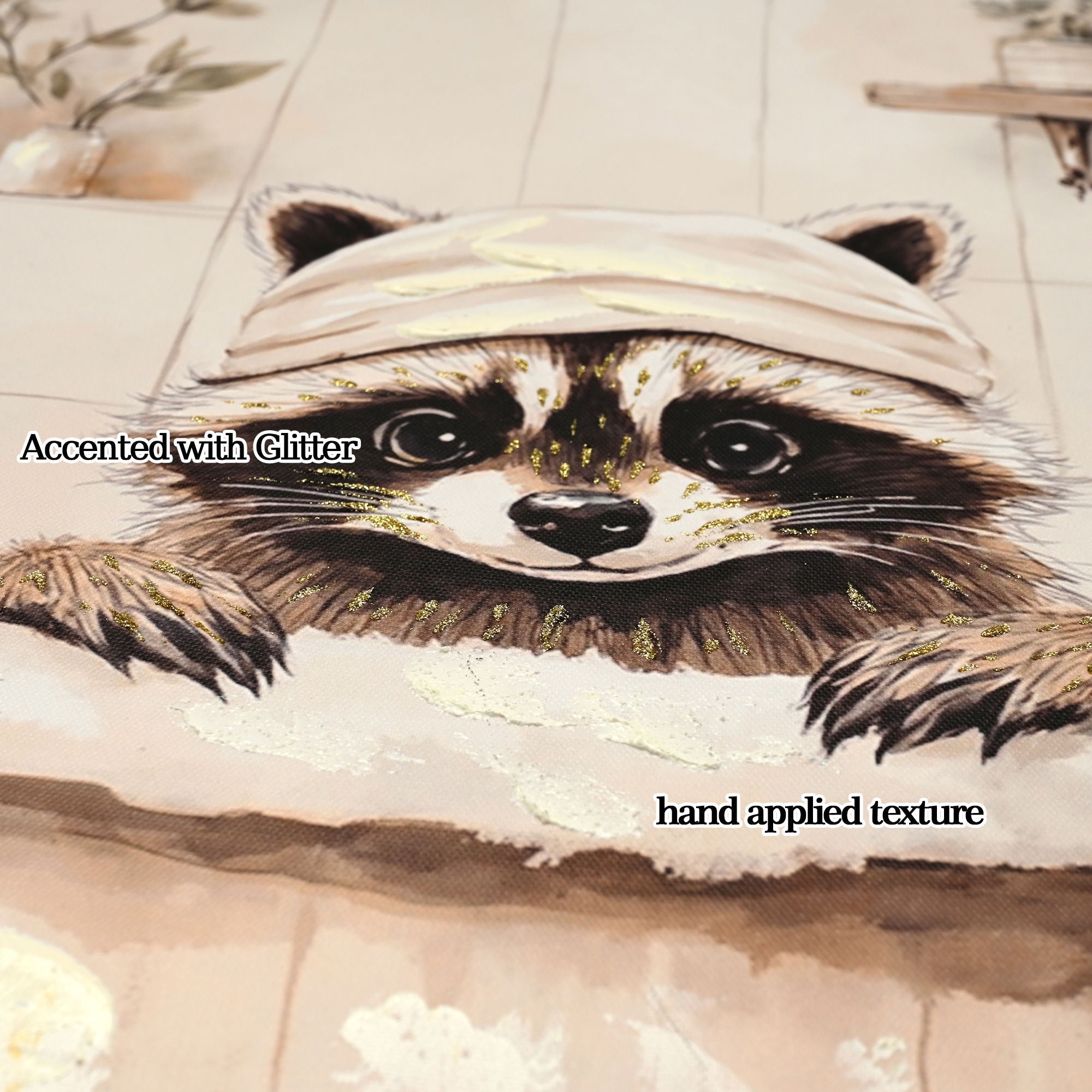 Raccoon Bathroom Canvas Wall Art, Framed - Black / Ivory