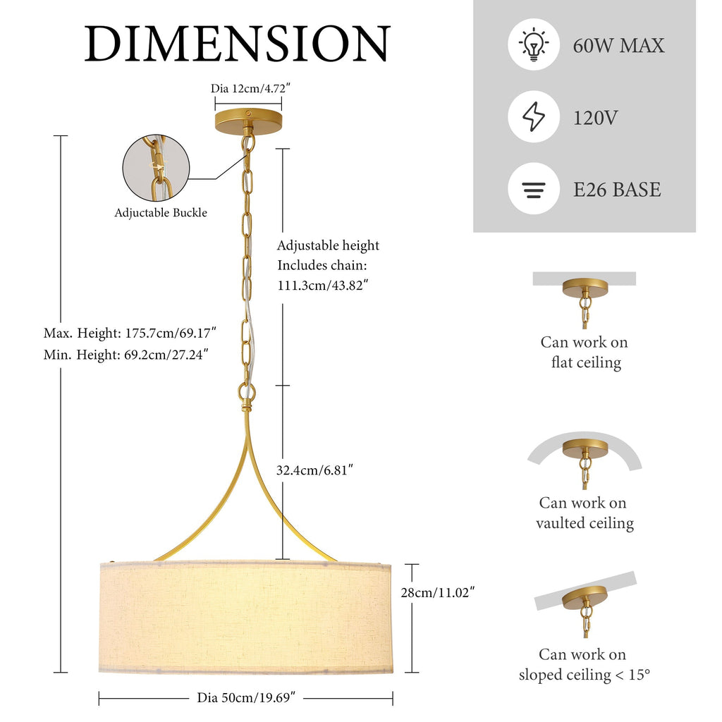 3-Light Gold Fabric Drum Pendant Light