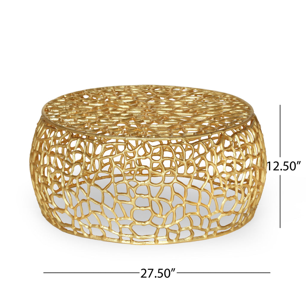 Modern Glam Mesh Coffee Table with Gold Accents and Aluminum Frame