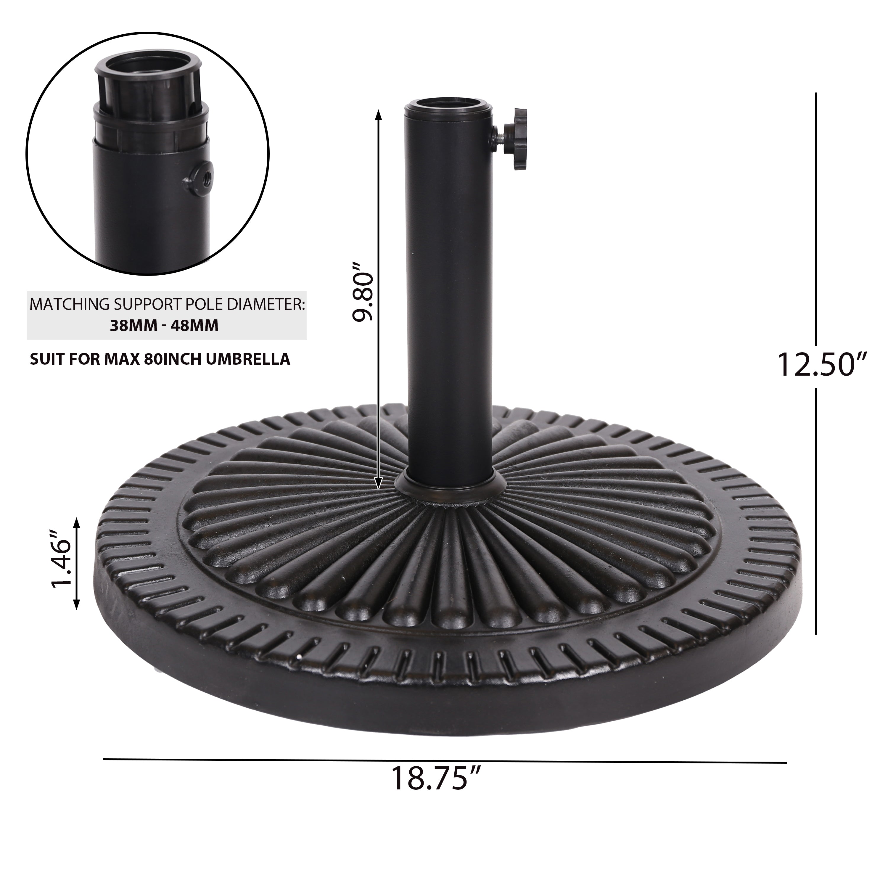 Black Rock Resin Outdoor Umbrella Base with Steel Support in Black Finish