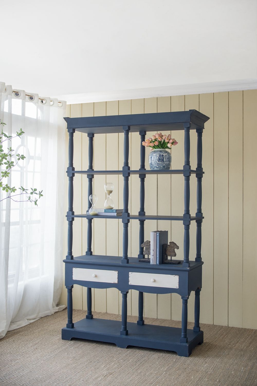 4 Tier Wooden Shelf With Two Drawers - Antique Navy Blue