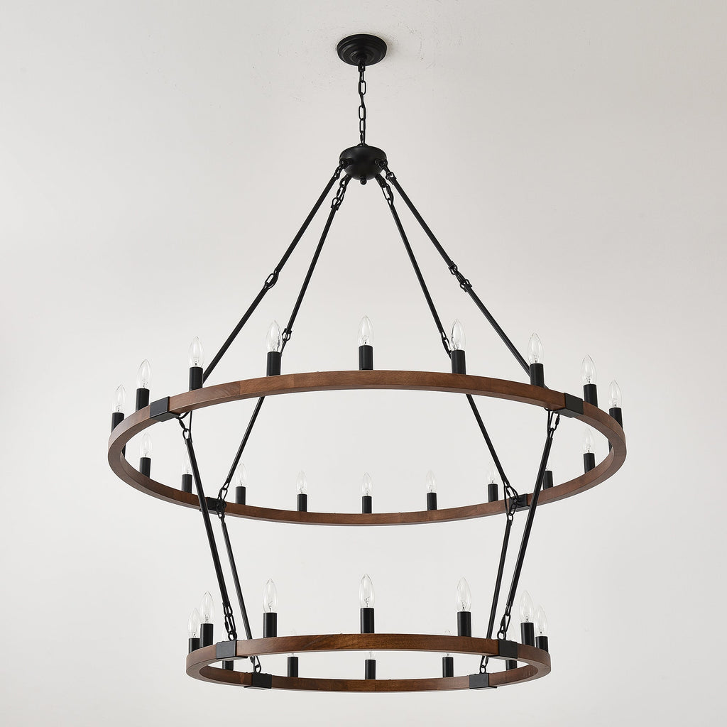 Large Solid Wood Wagon Wheel Chandelier, 2-Tier 32-Lights
