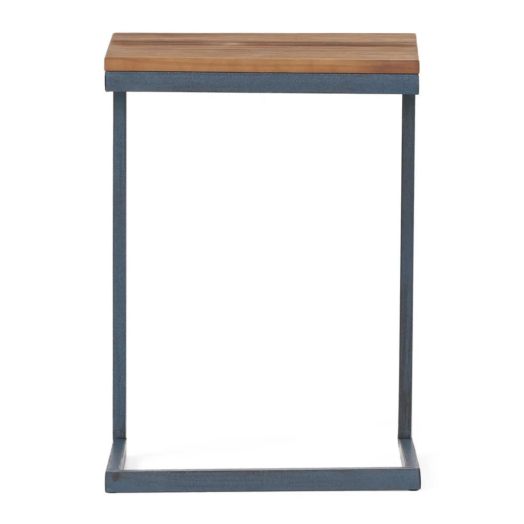 C Shaped End Table With Iron Base And Fir Wood Top