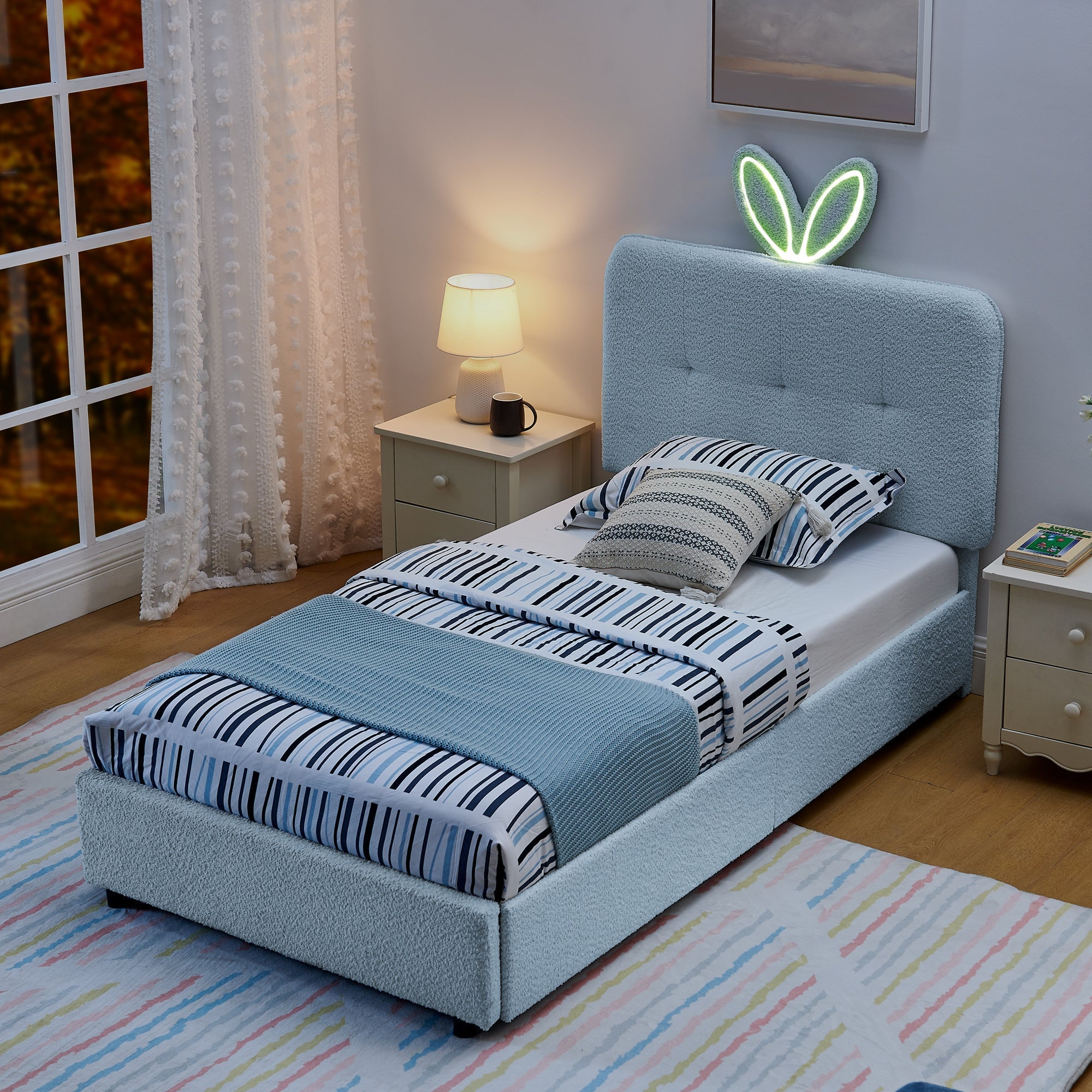 Twin Size Kids Upholstered Bed with Oversized Rabbit Ear Headboard