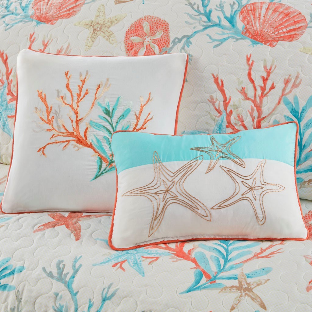 6 Piece Cotton Sateen Quilt Set with Throw Pillows Coral Full/Queen