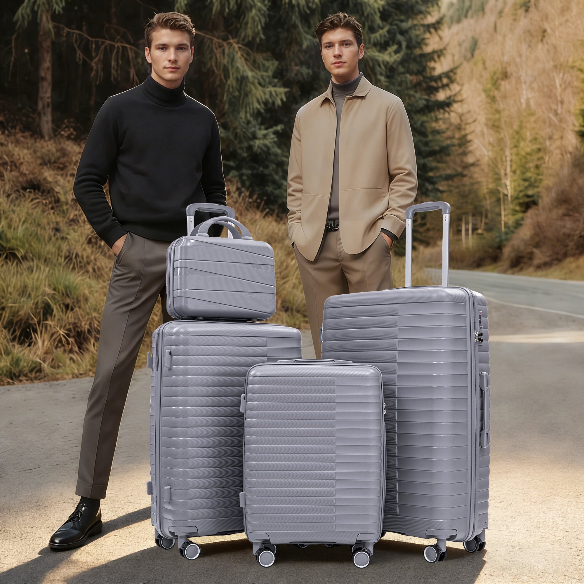 4-Piece PP Spinner Wheel Luggage Set with Cosmetic Case, Light Gray
