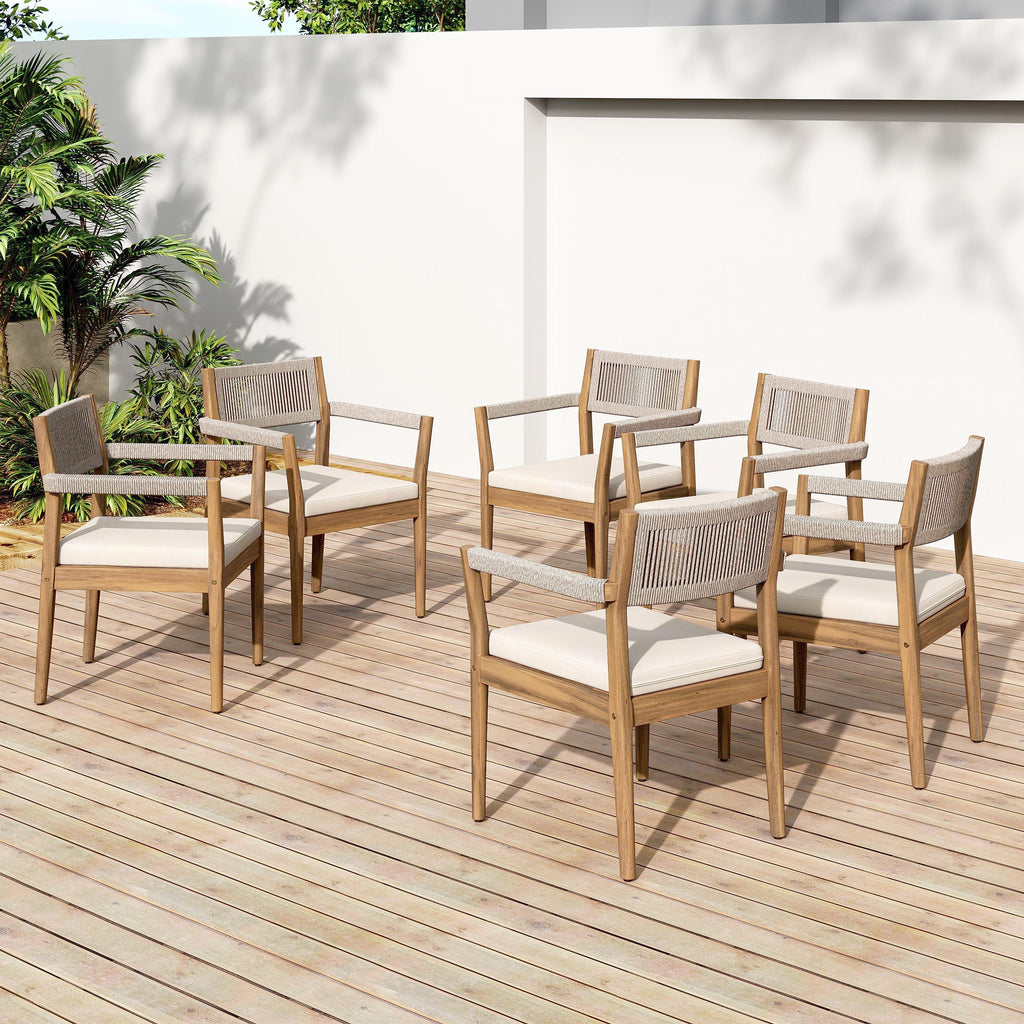 Braided Acacia Wood Outdoor Dining Chairs Set of 2 – Teak Look with Beige Rope & Cream Cushions