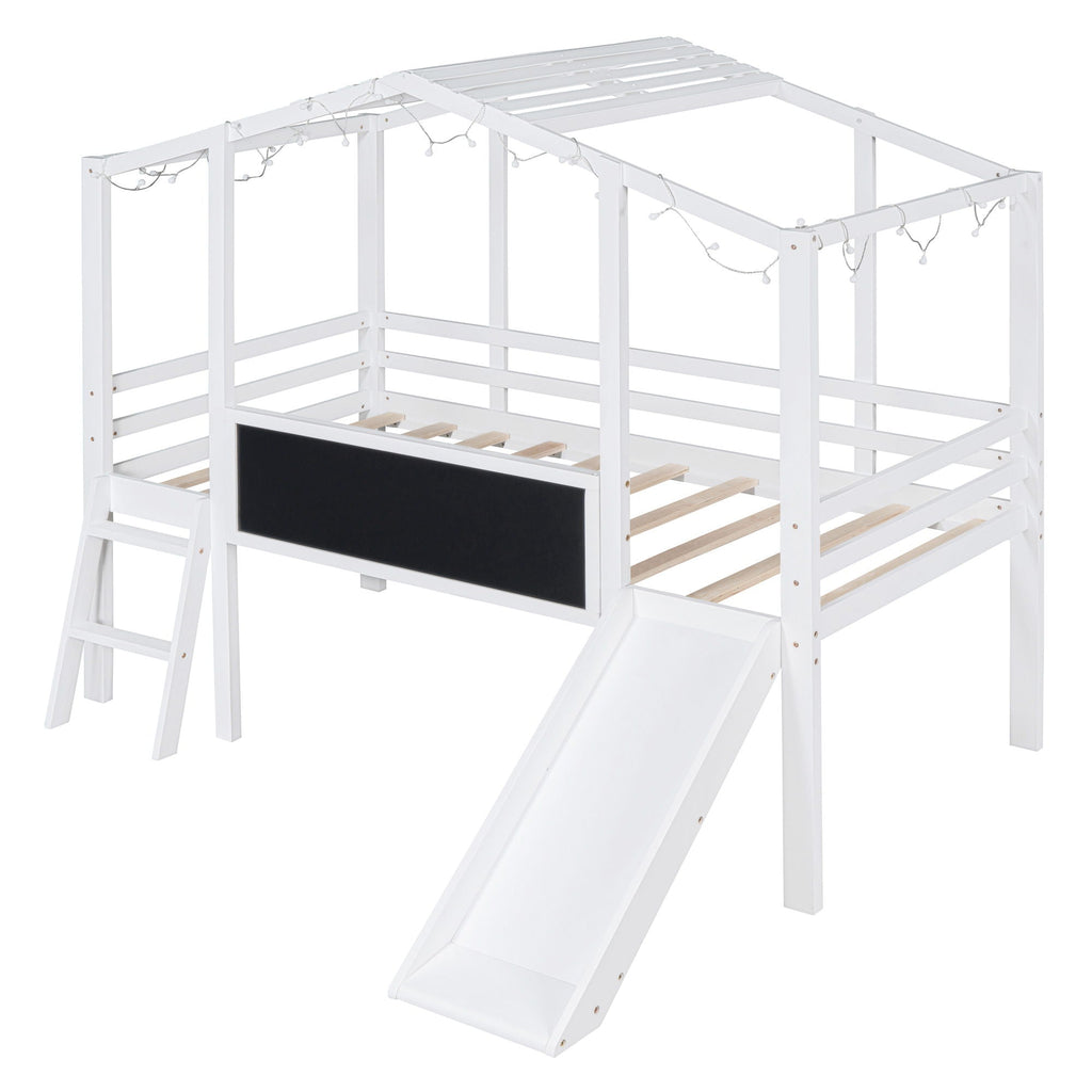 Loft House Bed With Ladder And Slide, With board And Light Strip On The Roof