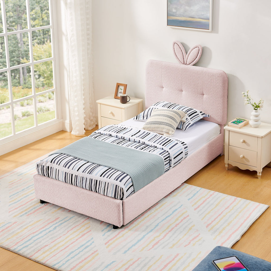 Twin Size Kids Upholstered Bed with Oversized Rabbit Ear Headboard