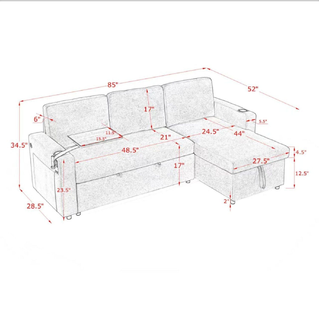 Multi Functional Pull Out Bed Sofa With Retractable Table, LED Lighting, USB Charging Ports & Cup Holders