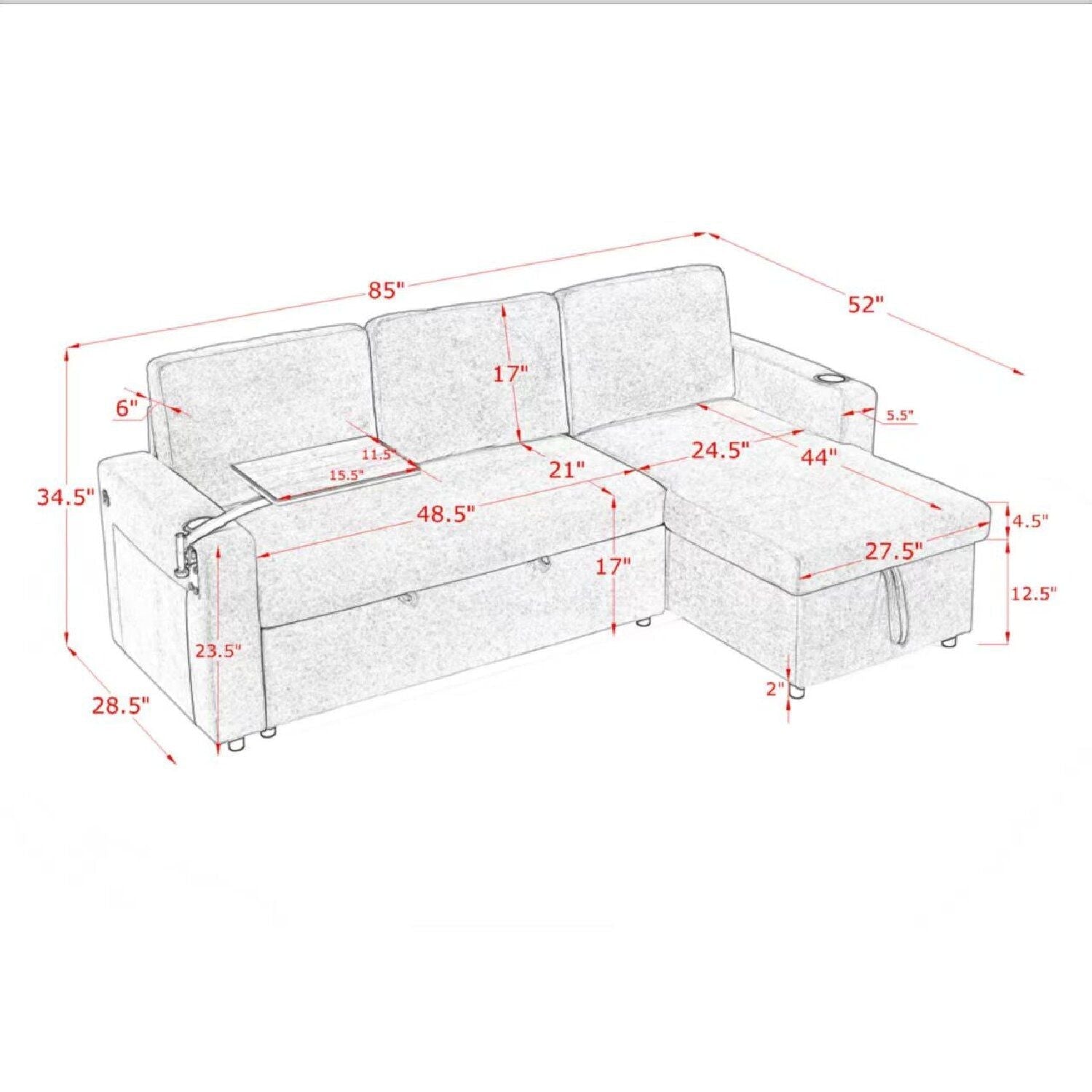 Multi Functional Pull Out Bed Sofa With Retractable Table, LED Lighting, USB Charging Ports & Cup Holders