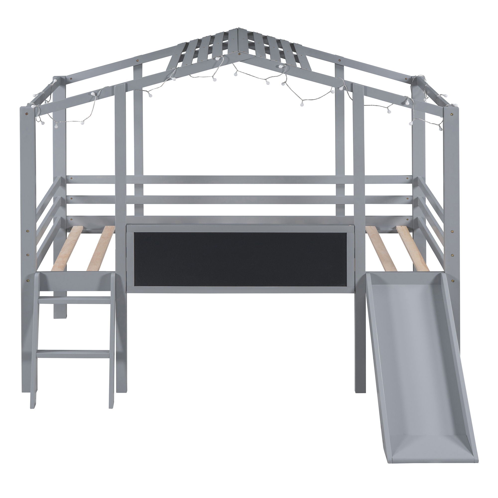 Loft House Bed With Ladder And Slide, With board And Light Strip On The Roof