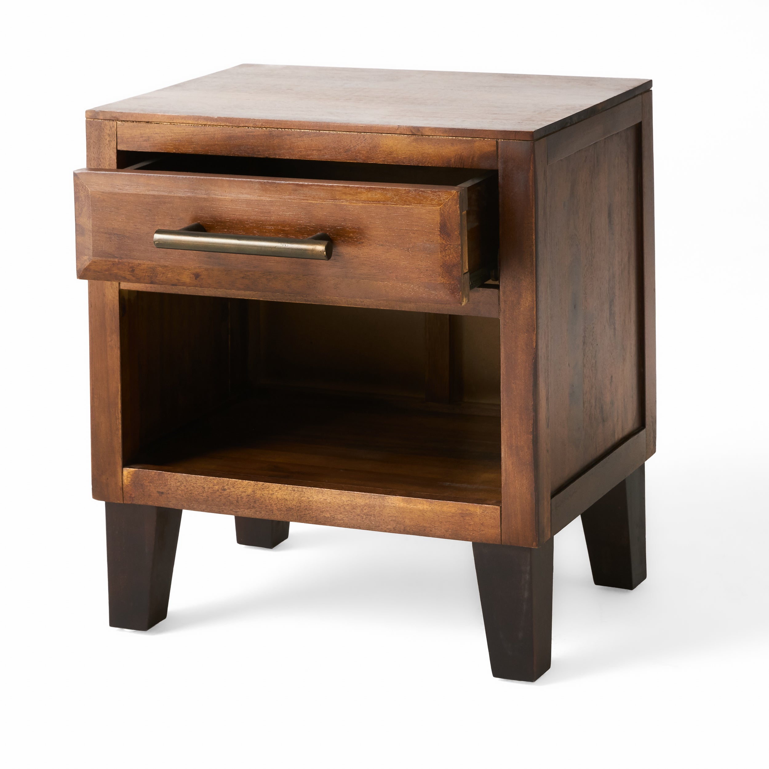End Table in Brown Acacia Wood with Storage Drawer and Shelf