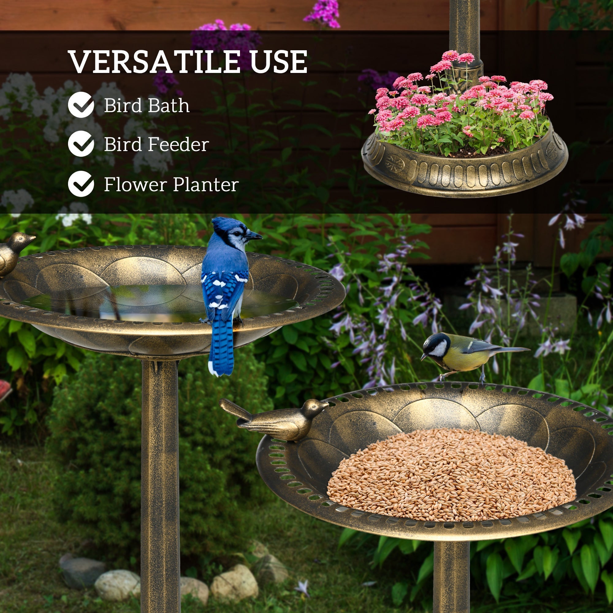 Outsunny 28" Antique Bronze Bird Bath with Pedestal Flower Planter Base