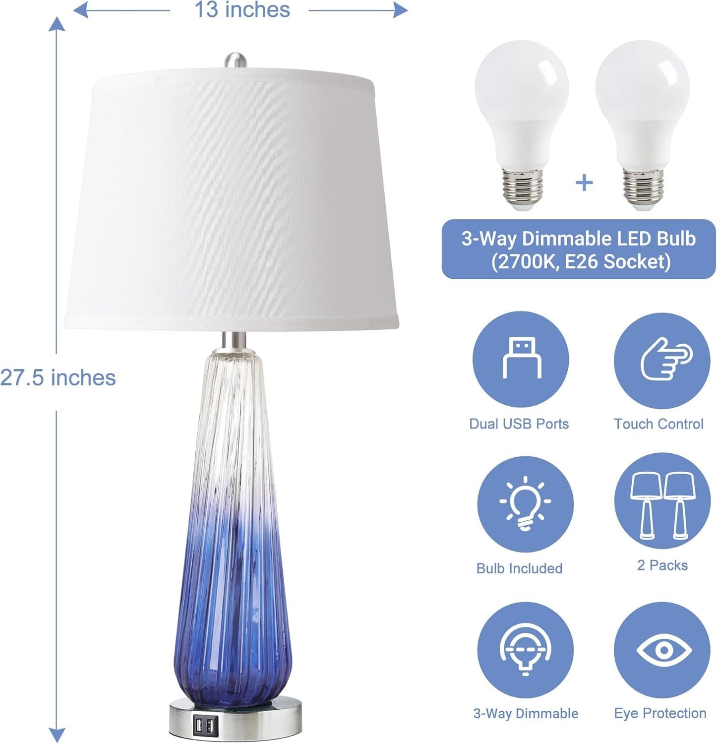 Table Lamps Set of 2 with Touch Control and USB Ports