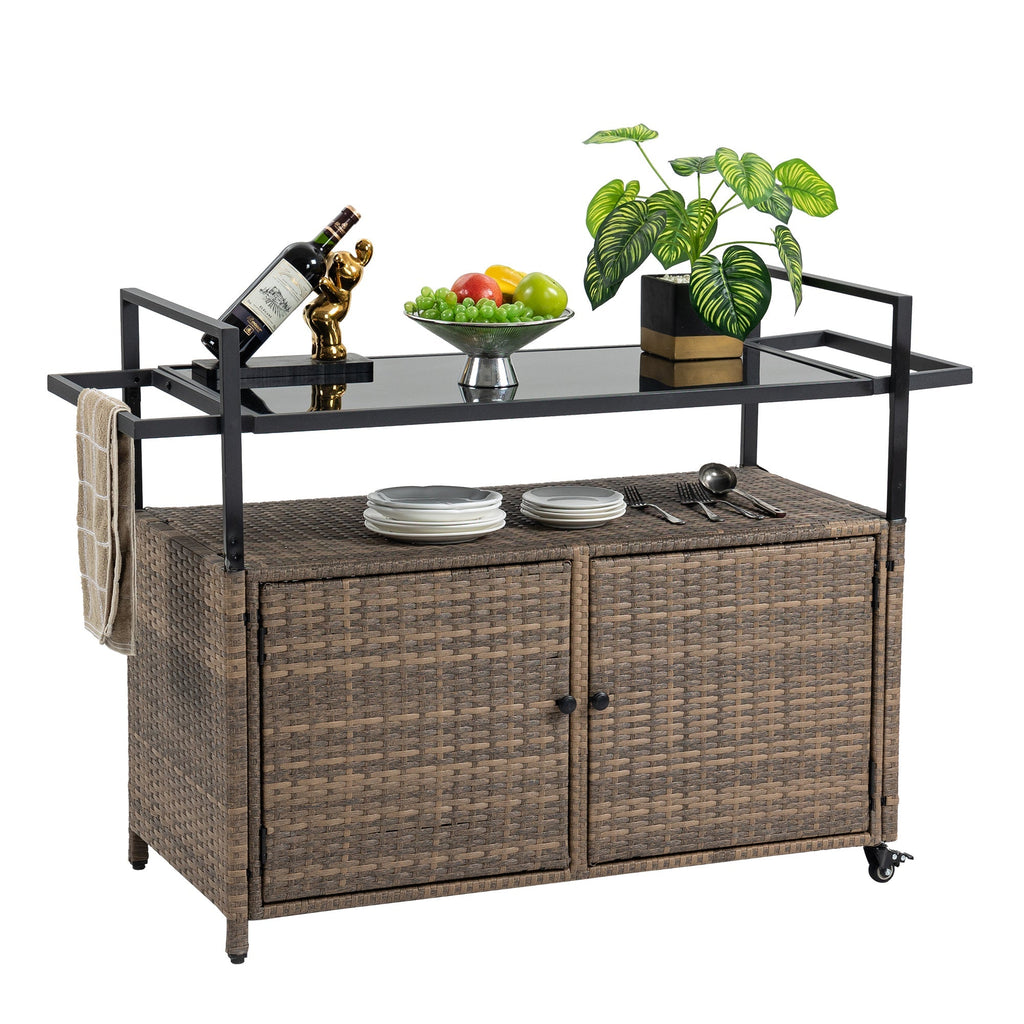 Outdoor Wicker Bar Cart with Glass Top and Wheels