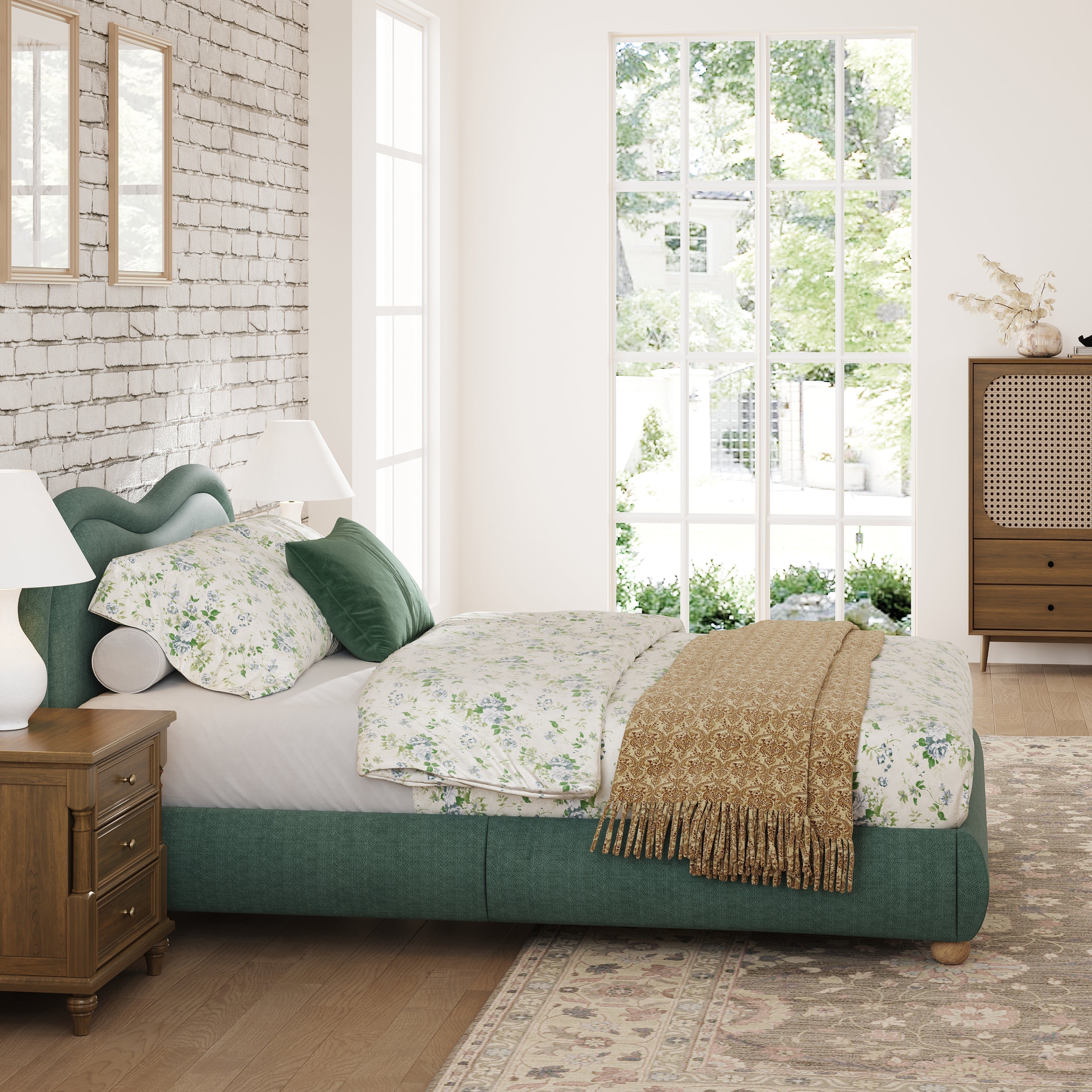 Queen Size Upholstered Platform Bed Frame with Rounded Corners Curved Headboard