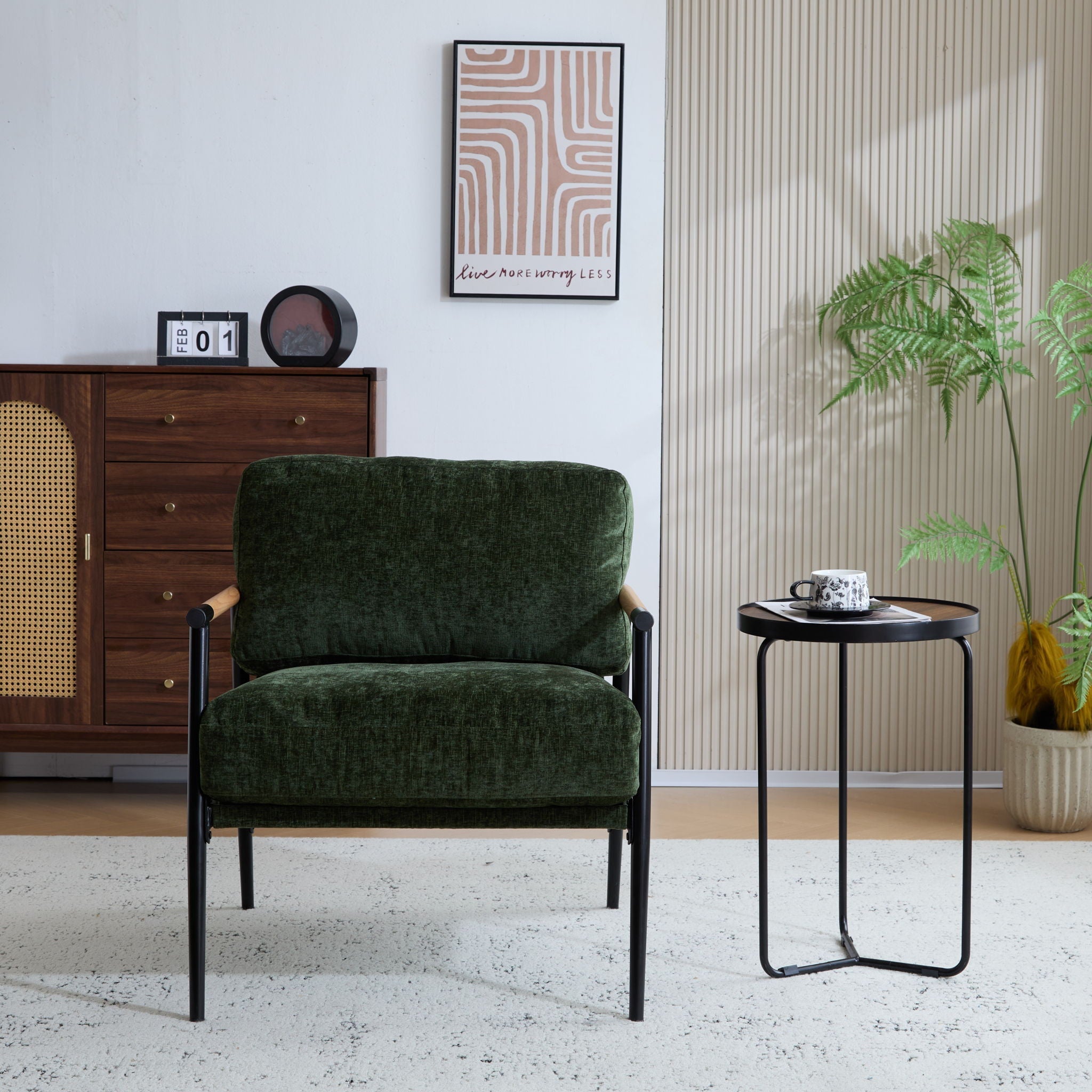 Modern Accent Chair With Plush Cushions and Wooden Armrests