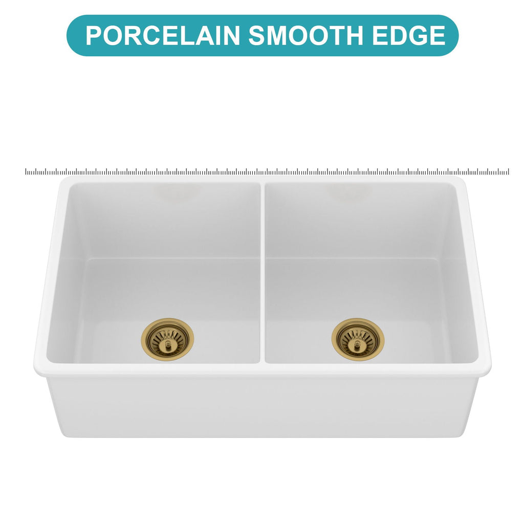 32" Undermount Double Bowl Kitchen Sink Rectangular Deep Dual Bas With Grids - White