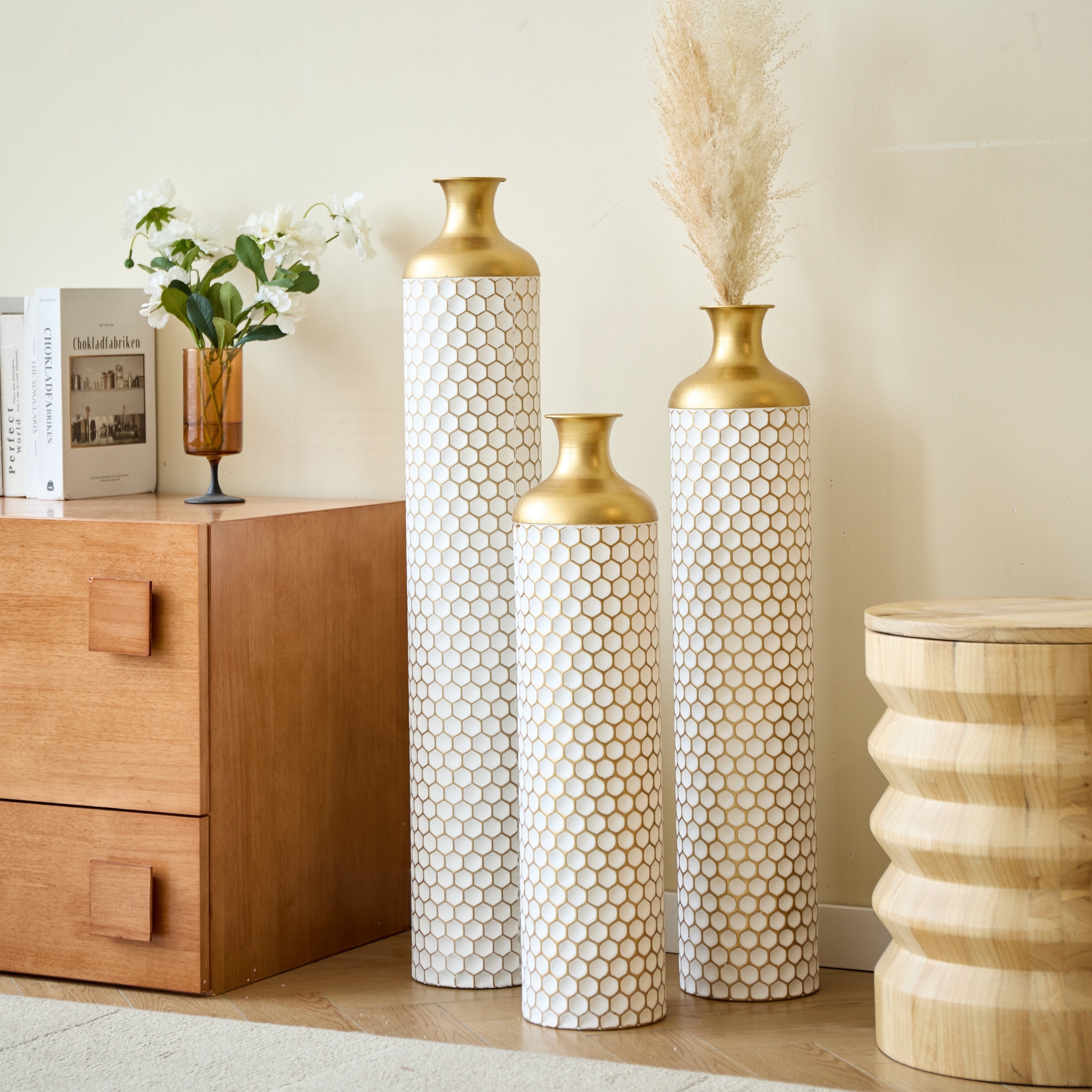 3-Piece Modern Metal Vase Set - White & Gold