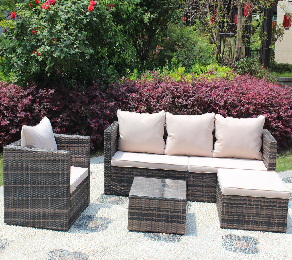 Rattan Patio Furniture Set Wicker Sofa Cushioned Sectional (4 Pieces, Brown)