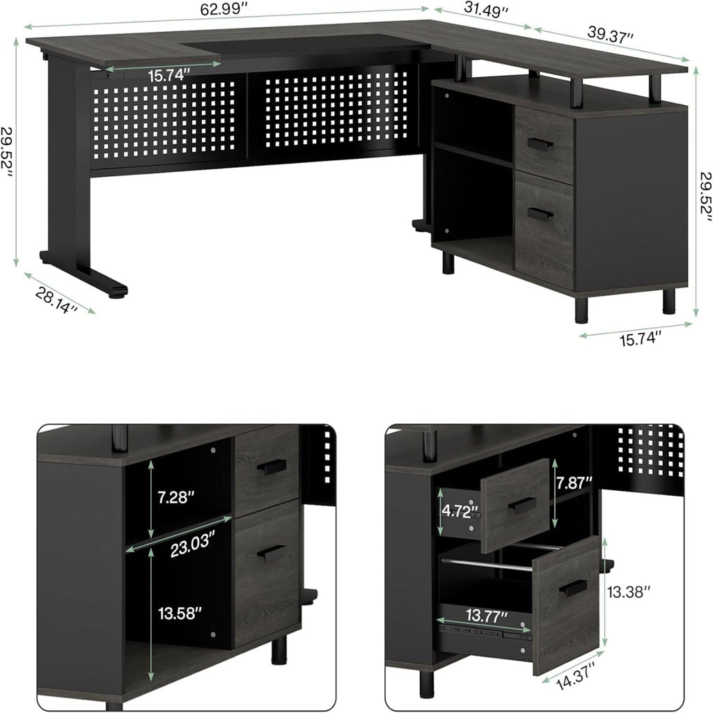 L-Shaped Executive Desk With File Cabinet, Office Workstation With Drawers, Shelves & Storage