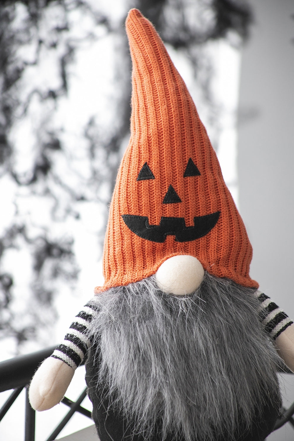 23.5" Seated Jack-O'-Lantern Gnome With Striped Limbs and Faux Fur Beard