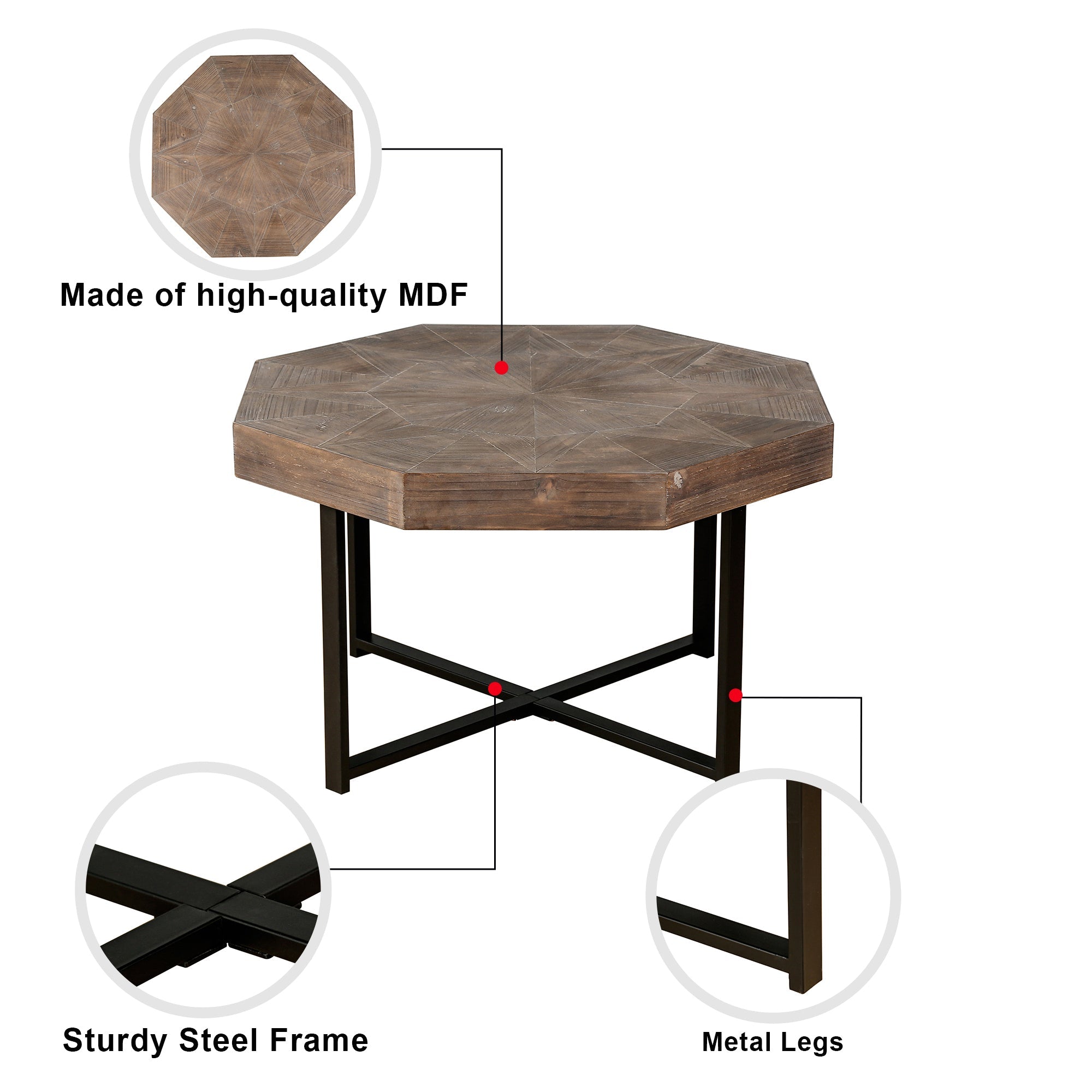 Wood Octagonal Vintage Patchwork Coffee Table