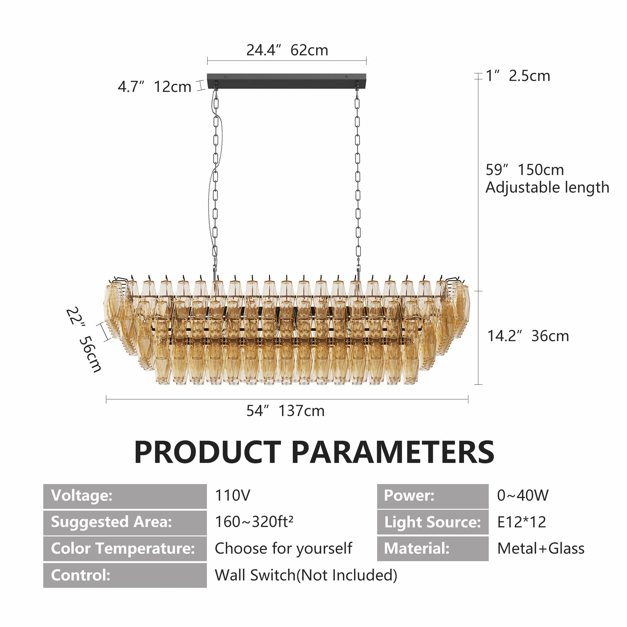 54-Inch Black Rectangular 12-Light Smoke Glass Chandelier