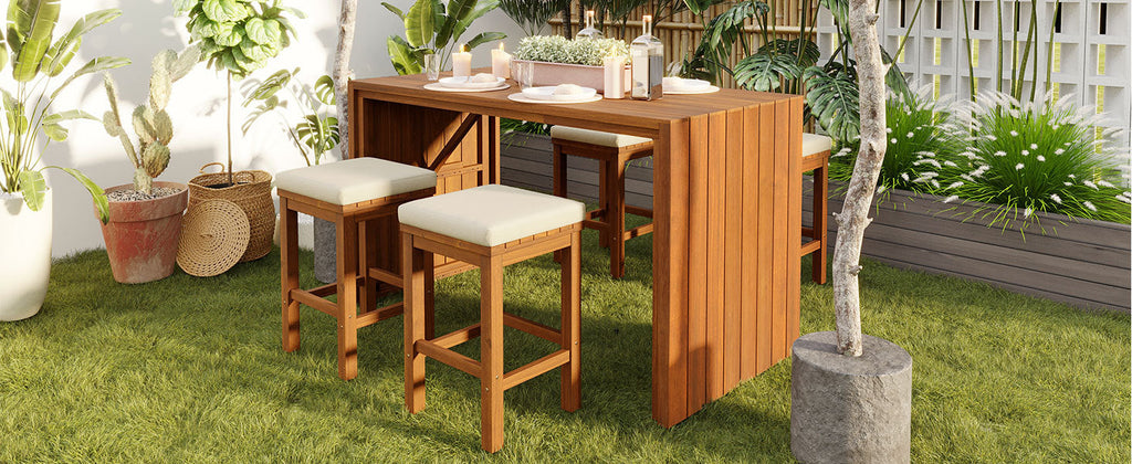 5 Piece Outdoor Bar Set with Acacia Wood Table & Cushioned Stools