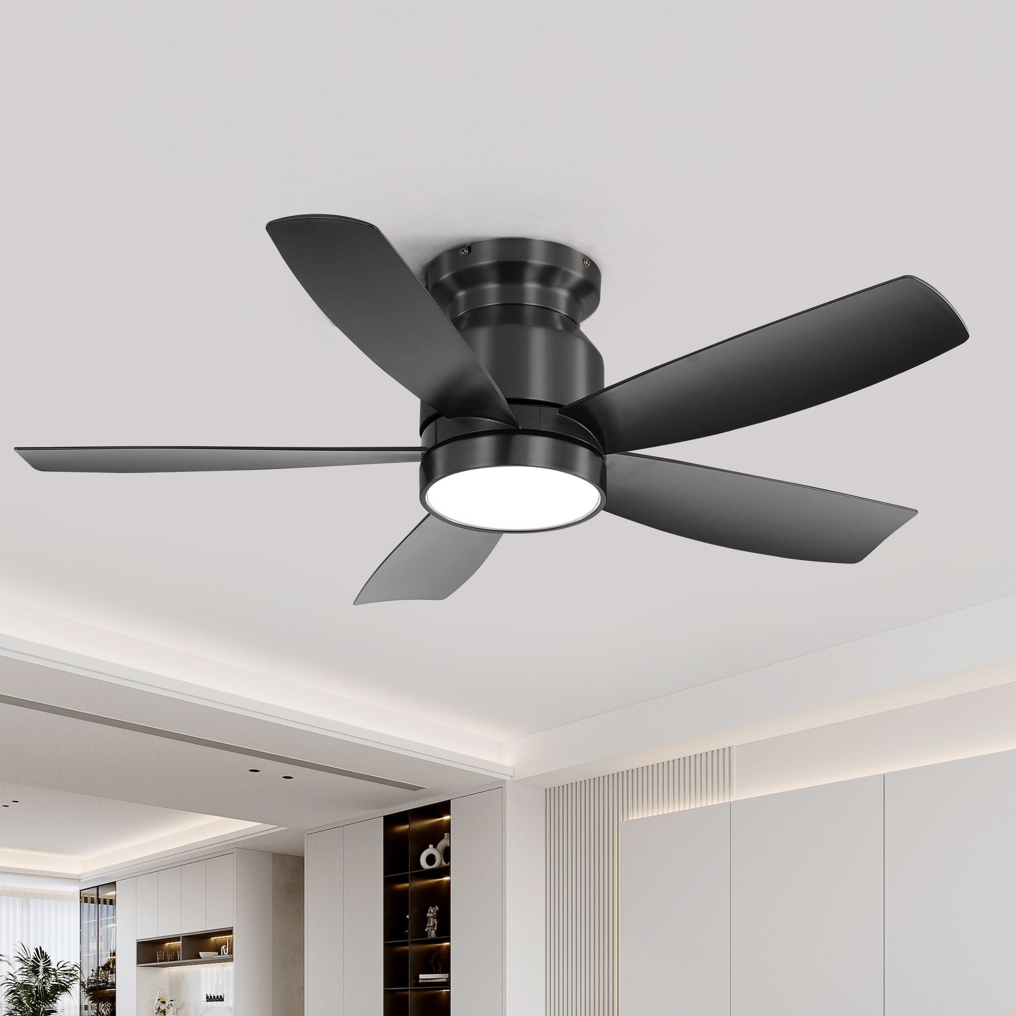 Flush Mount Ceiling Fan With 18W LED Light And Remote Control