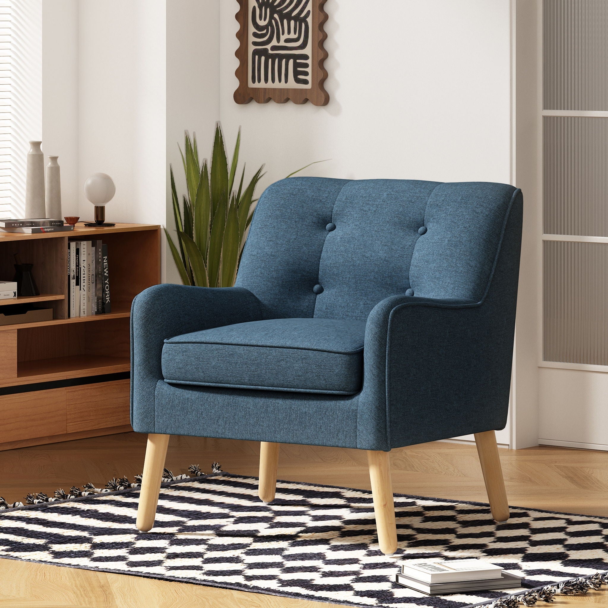 Modern Arm Chair With Tufted Back and Wooden Legs