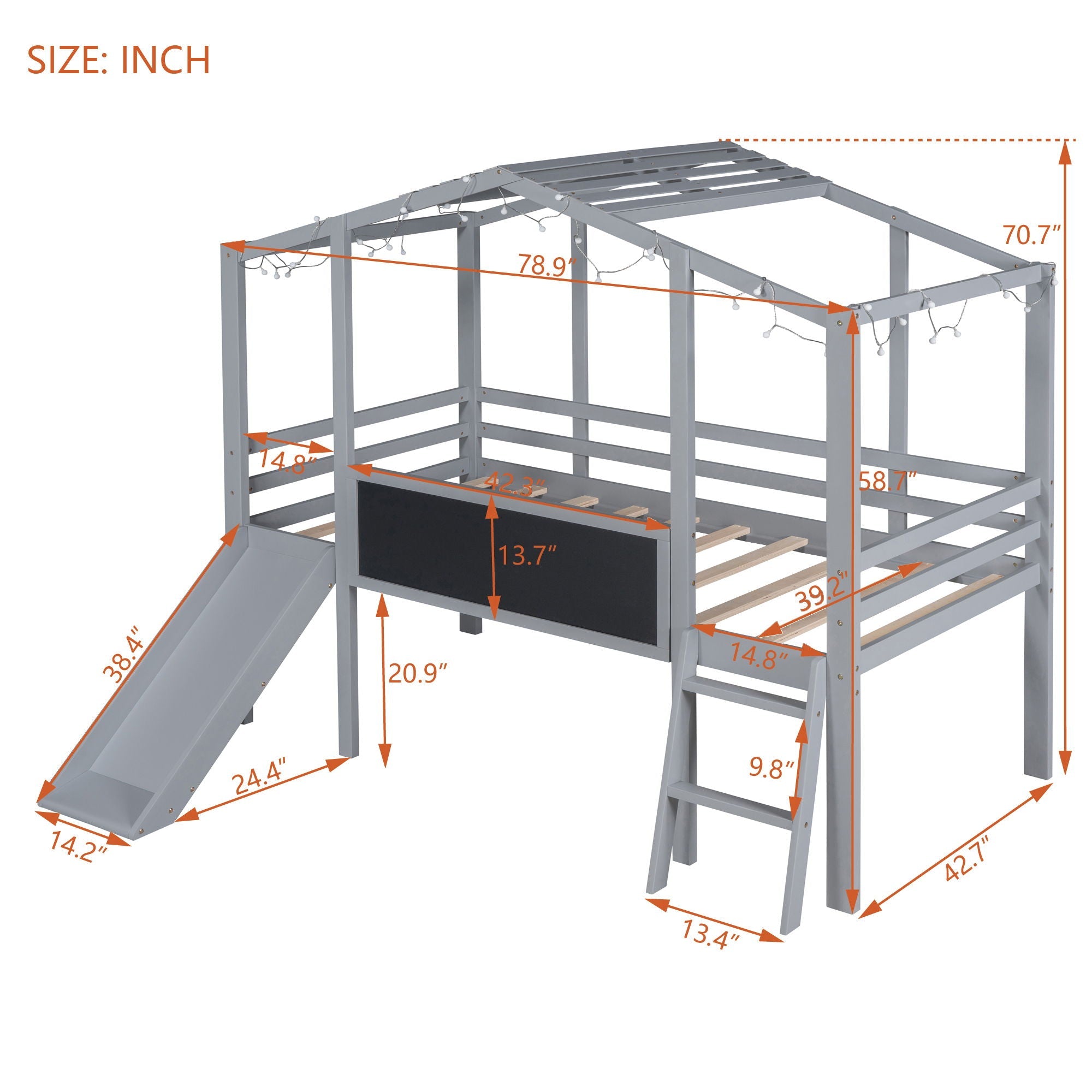 Loft House Bed With Ladder And Slide, With board And Light Strip On The Roof