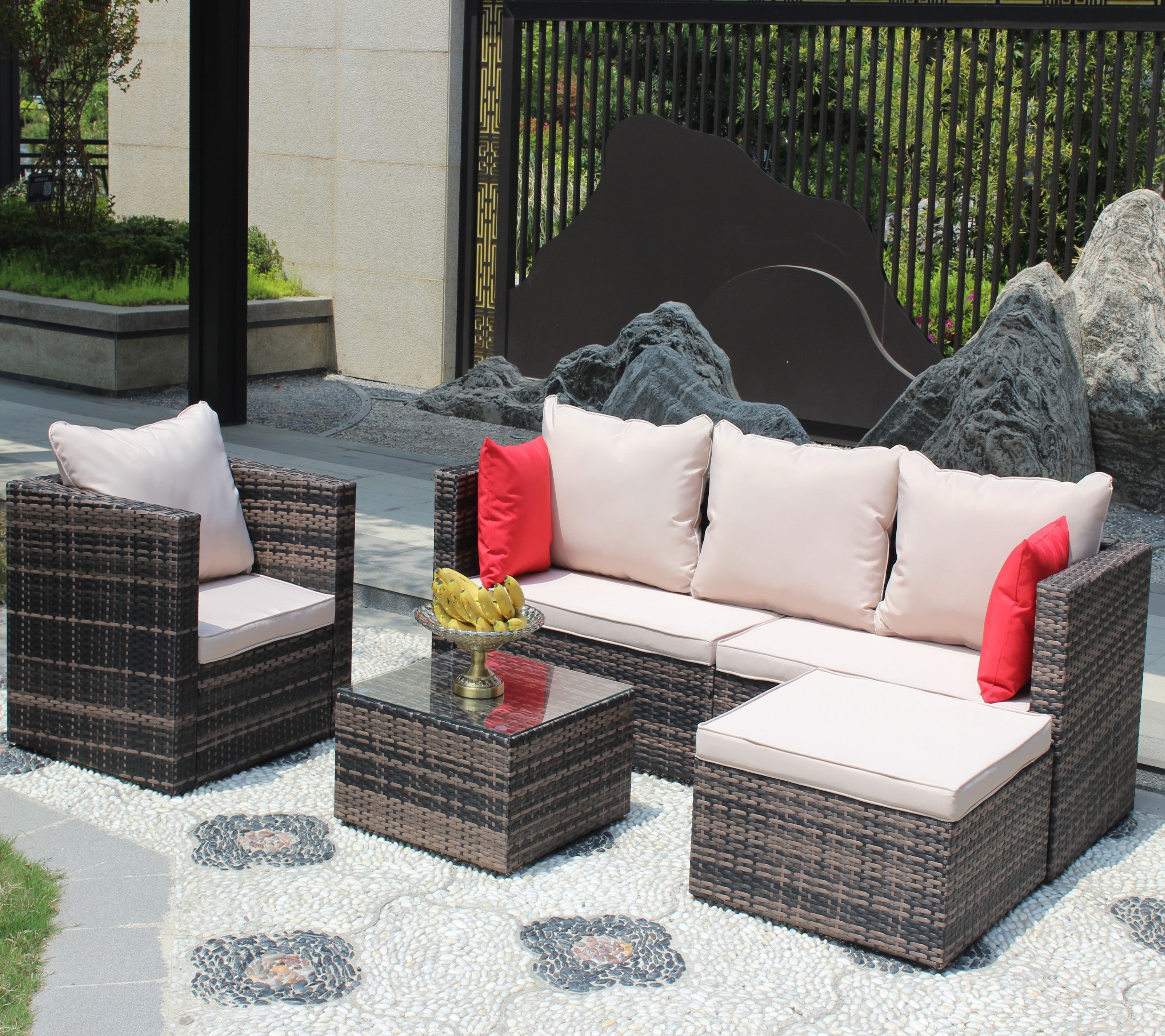 Rattan Patio Furniture Set Wicker Sofa Cushioned Sectional (4 Pieces, Brown)