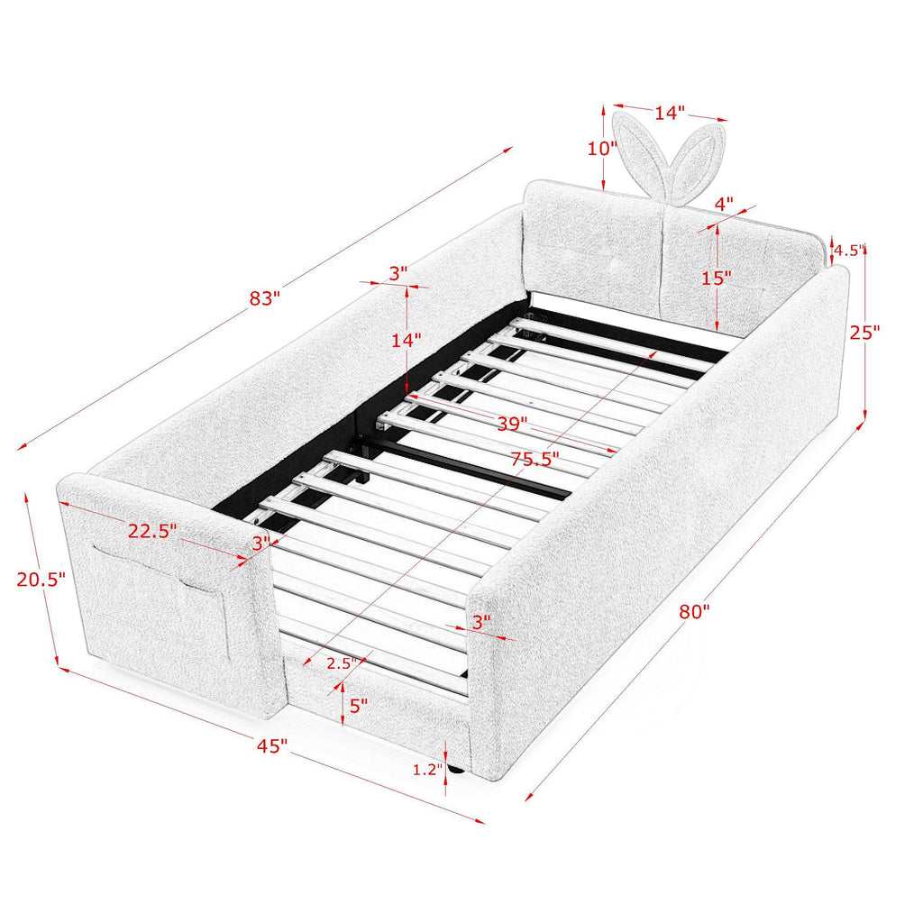 Cute Rabbit Ear Upholstered Platform Bed Frame With Safety Rail
