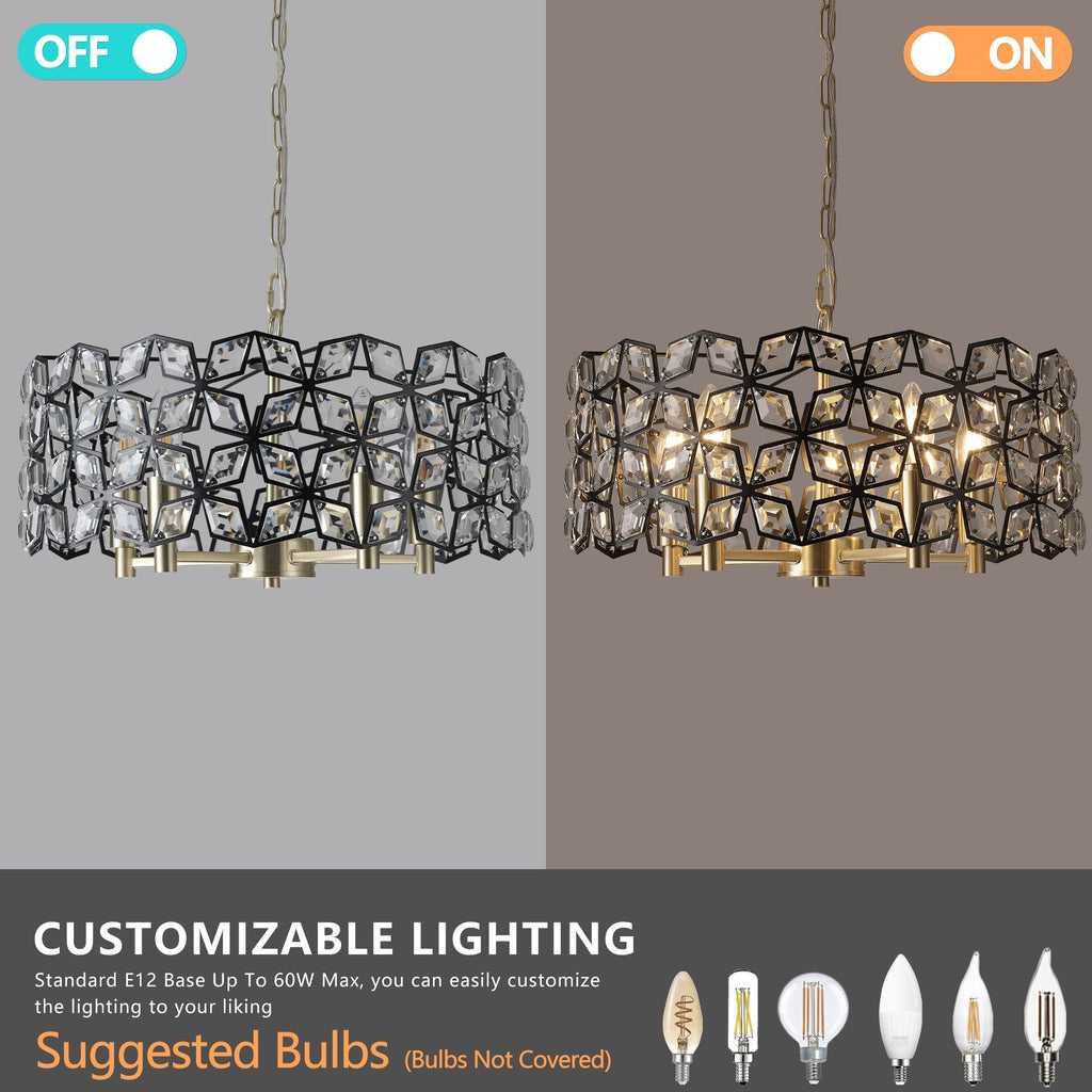 19" Geometric Crystal and Black Gold Round Pendant Chandelier