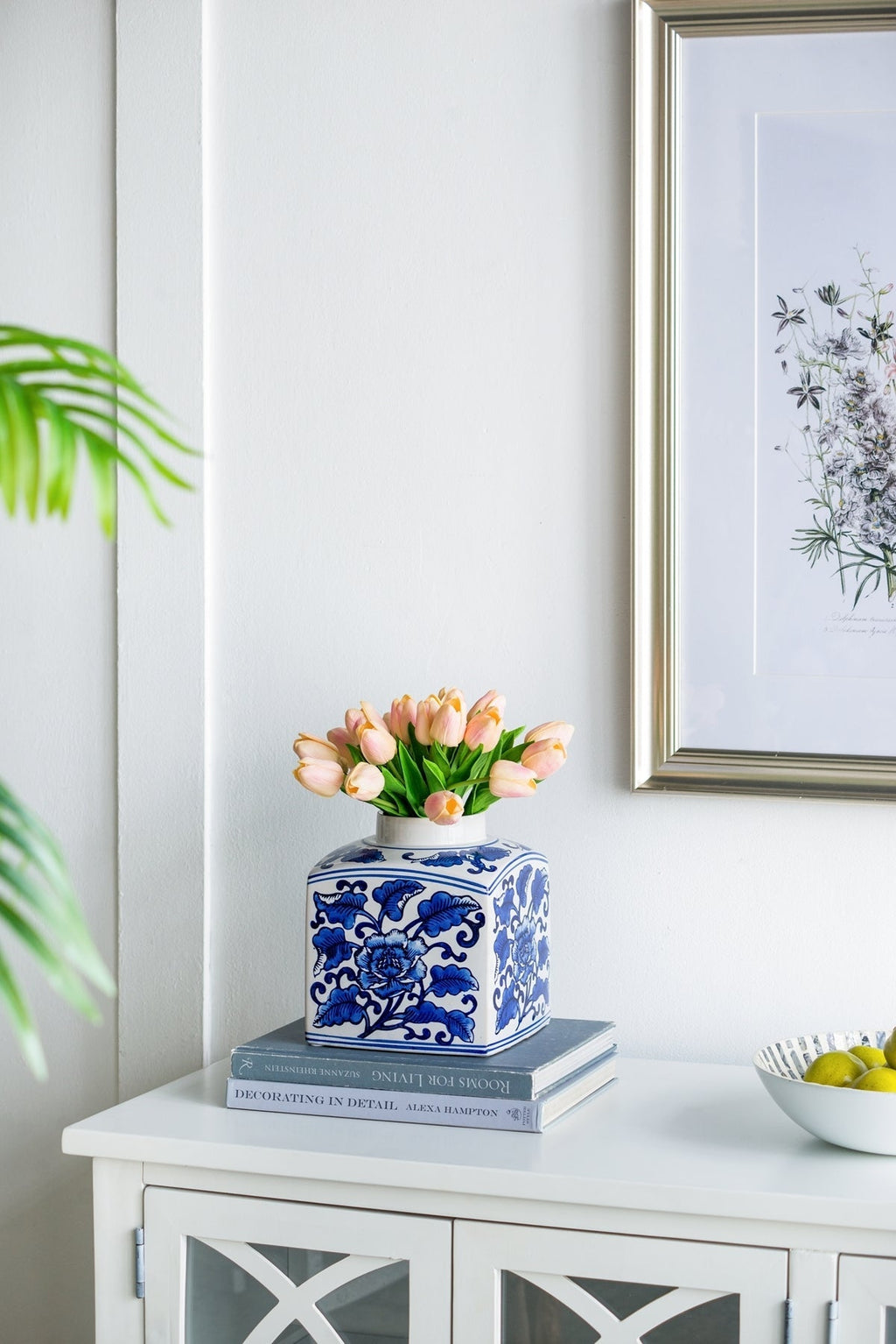 5x5x8' Hand Painted Square Canister with Blue and White Floral Pattern